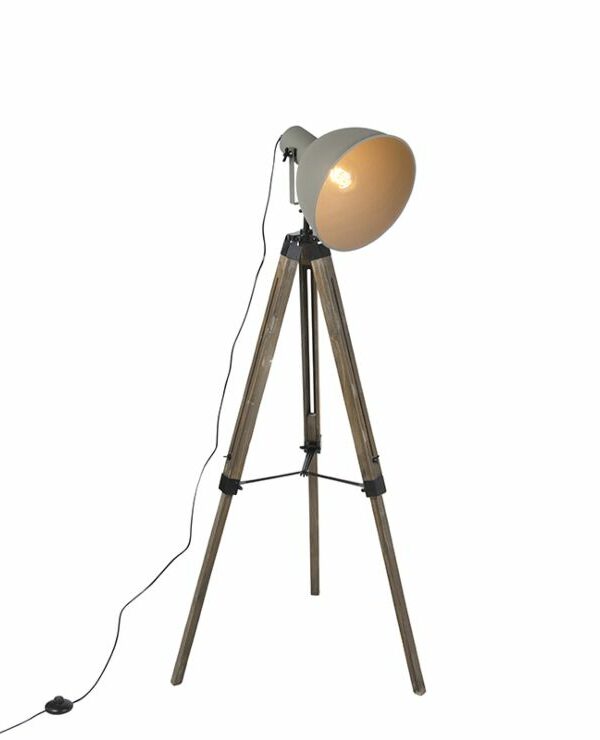 Industrial floor lamp on wooden tripod with gray shade