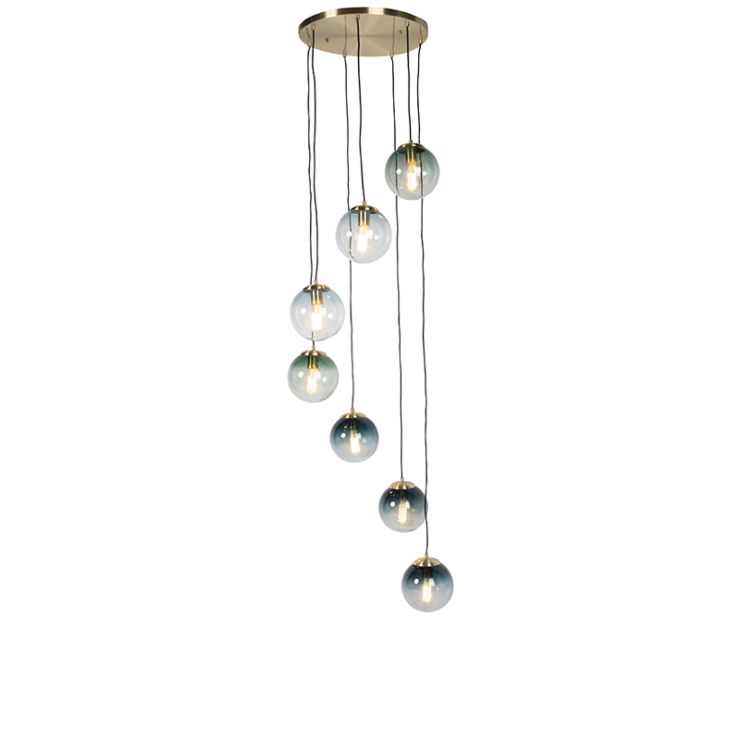 Art Deco Pendant Lamp Brass with 7 Ocean Blue and Green Shades 1 Art Deco Pendant Lamp Brass with 7 Ocean Blue and Green Shades